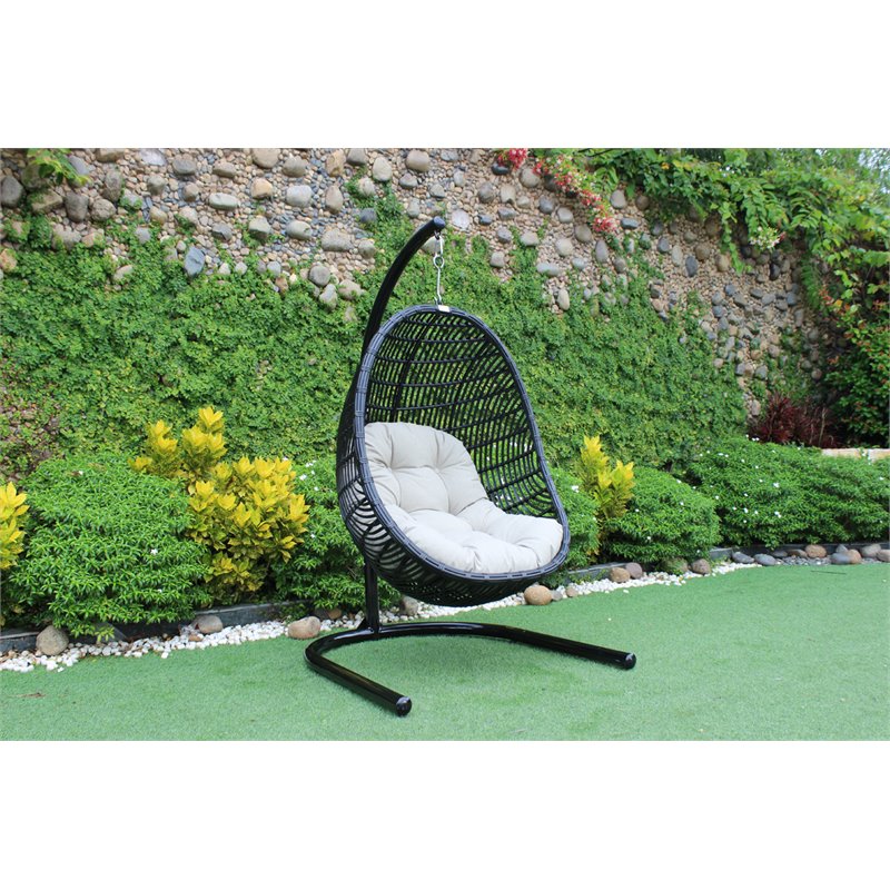 Pemberly Row Bamboo Rattan & Aluminum Hanging Chair in Beige/Black