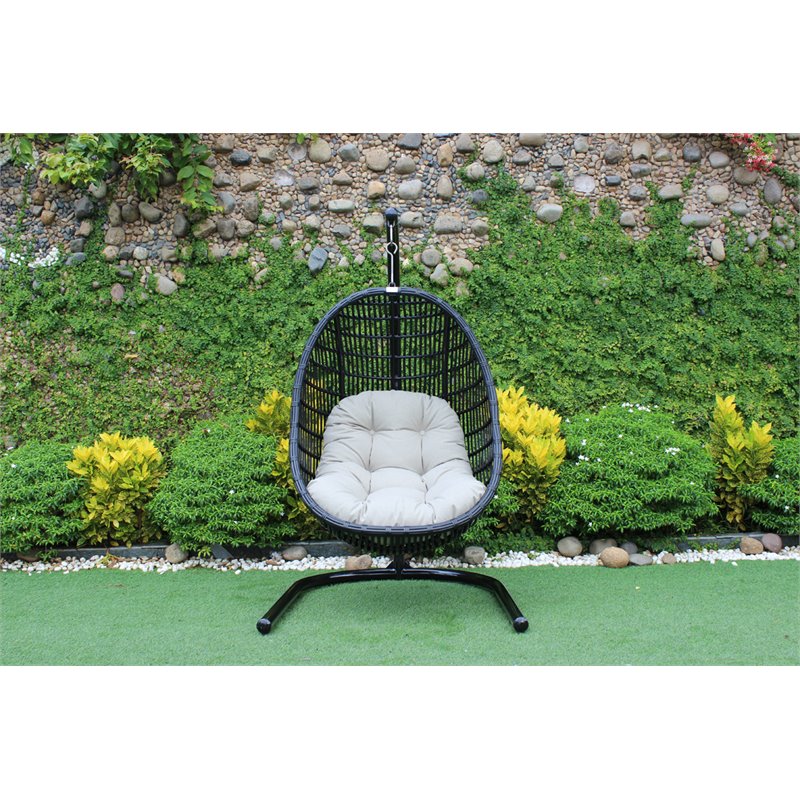 Pemberly Row Bamboo Rattan & Aluminum Hanging Chair in Beige/Black