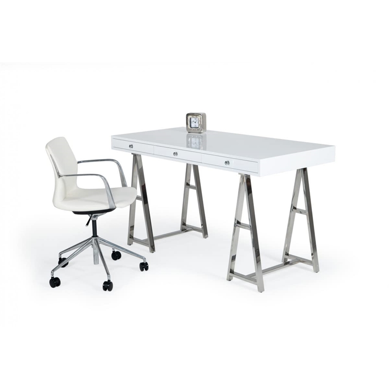 Pemberly Row 3-Drawer Rectangular Stainless Steel Writing Desk in White