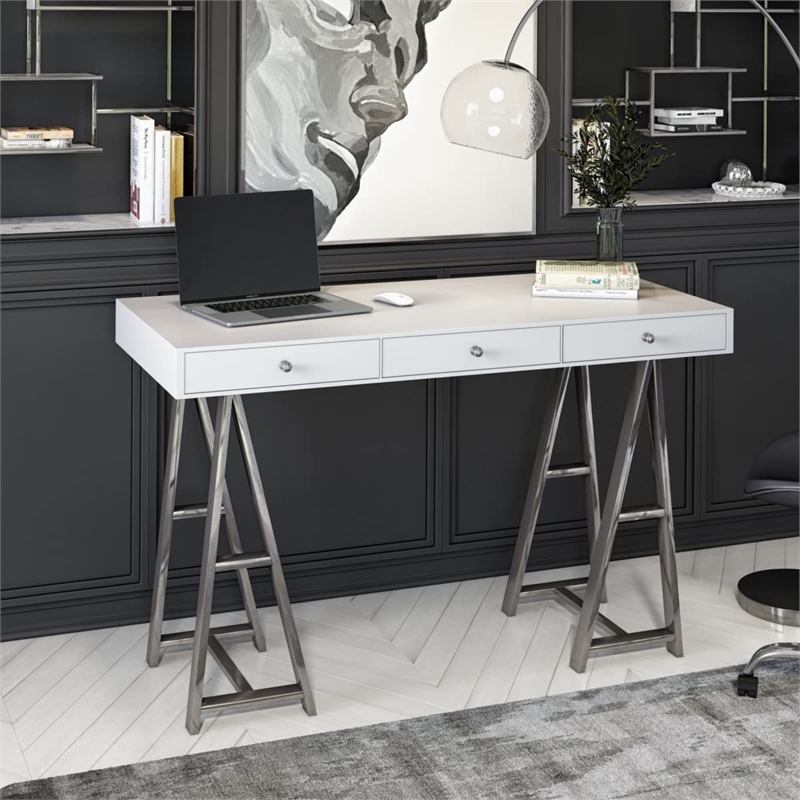 Pemberly Row 3-Drawer Rectangular Stainless Steel Writing Desk in White