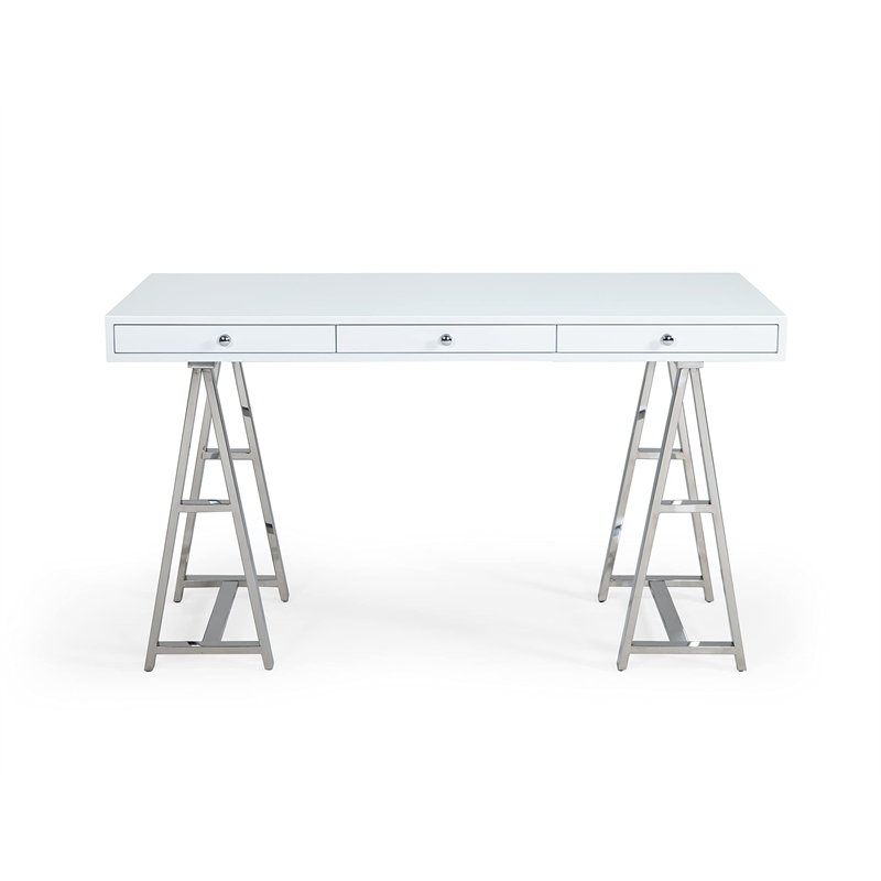 Pemberly Row 3-Drawer Rectangular Stainless Steel Writing Desk in White