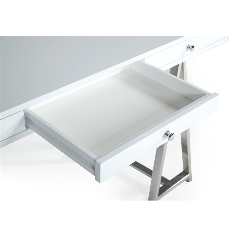Pemberly Row 3-Drawer Rectangular Stainless Steel Writing Desk in White