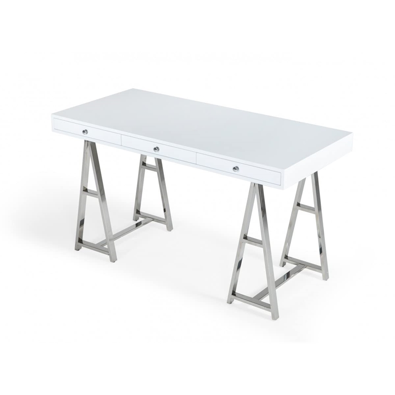 Pemberly Row 3-Drawer Rectangular Stainless Steel Writing Desk in White