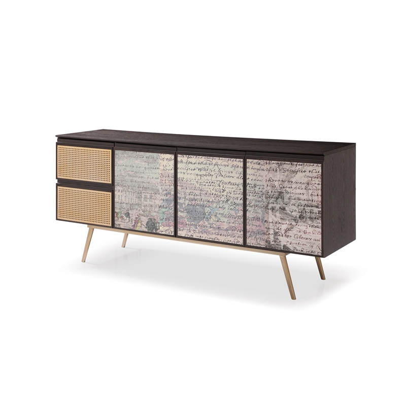Pemberly Row Modern 3-Door 2-Drawer Buffet in Smoked Ash & Brass