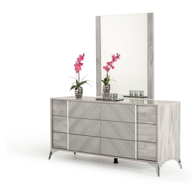 Pemberly Row Engineered Wood & Glass Rectangle Bedroom Mirror in Light Gray