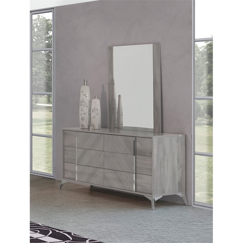 Pemberly Row Engineered Wood & Glass Rectangle Bedroom Mirror in Light Gray