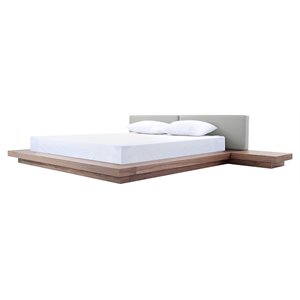 Pemberly Row 141x93&quot Modern Faux Leather Eastern King Bed in Walnut/Gray