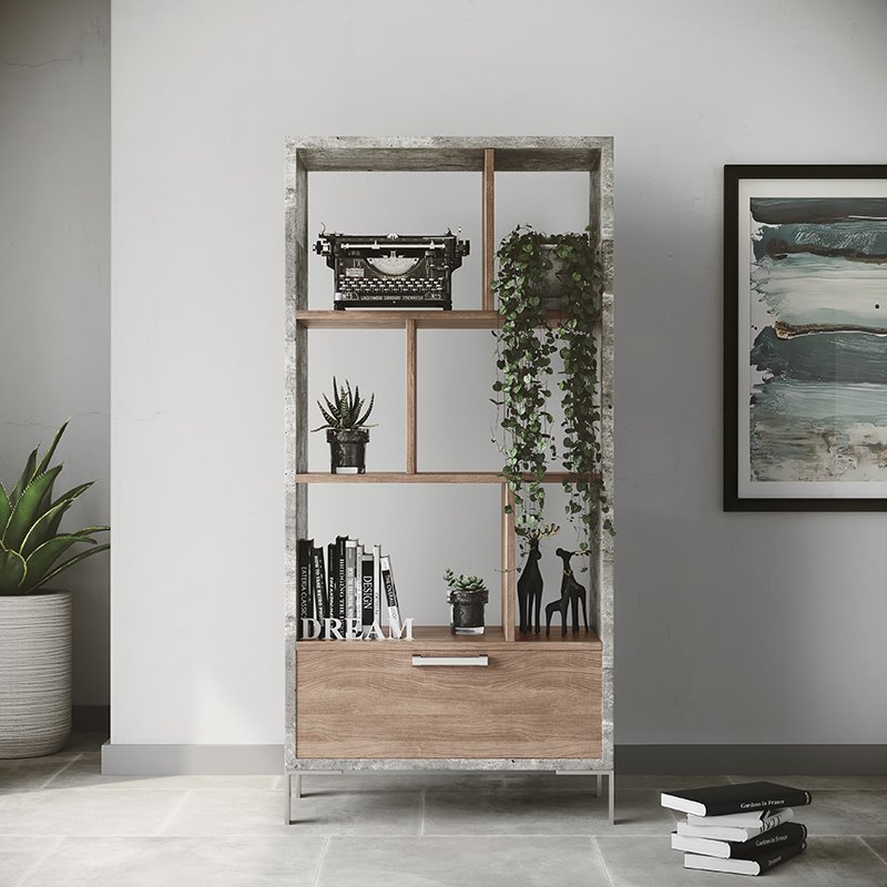 Pemberly Row Modern Faux Concrete & Wood Veneer Bookcase in Gray/Brown Oak