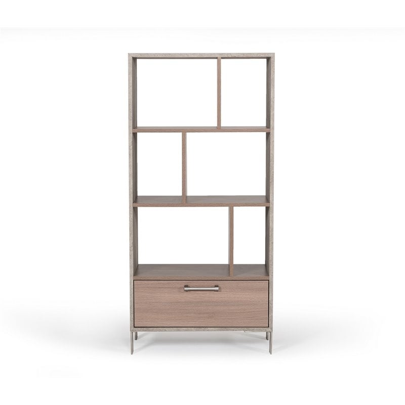 Pemberly Row Modern Faux Concrete & Wood Veneer Bookcase in Gray/Brown Oak