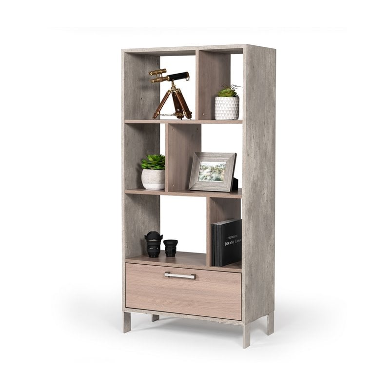 Pemberly Row Modern Faux Concrete & Wood Veneer Bookcase in Gray/Brown Oak