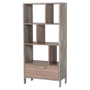 Pemberly Row Modern Faux Concrete & Wood Veneer Bookcase in Gray/Brown Oak