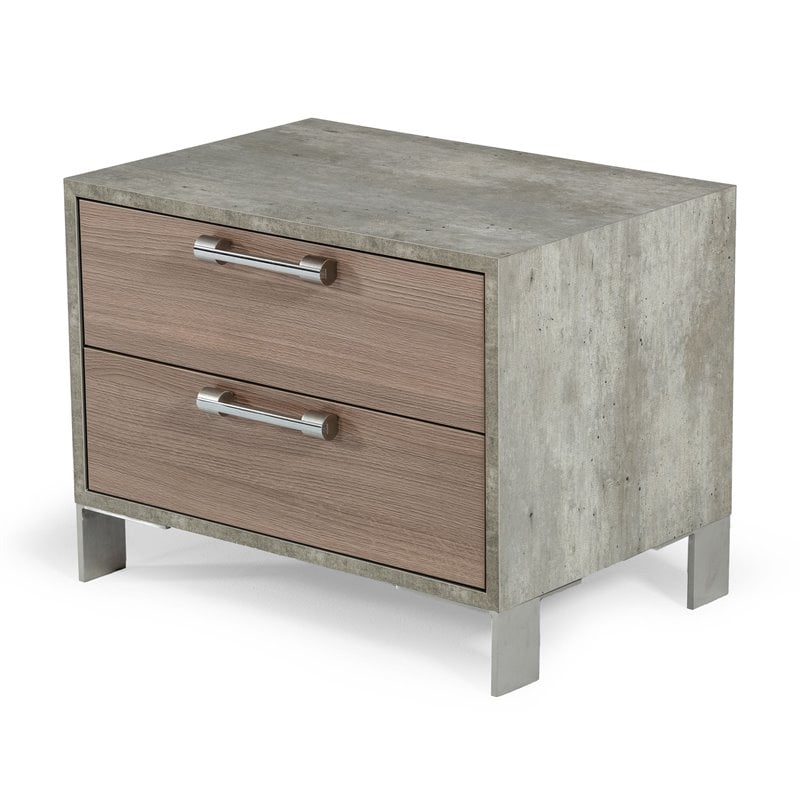 Pemberly Row Modern Stainless Steel & Faux Concrete Nightstand in Oak Brown