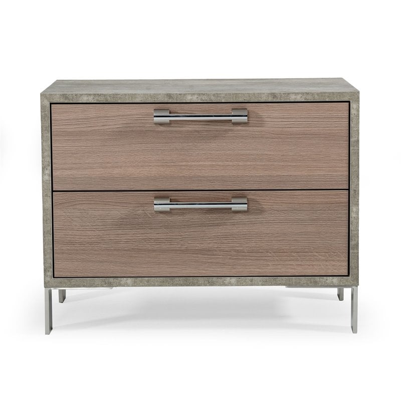Pemberly Row Modern Stainless Steel & Faux Concrete Nightstand in Oak Brown