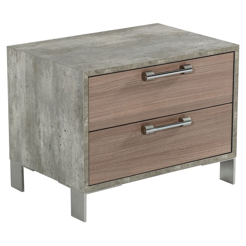 Pemberly Row Modern Stainless Steel & Faux Concrete Nightstand in Oak Brown