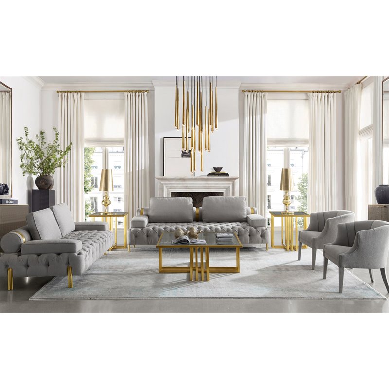 Pemberly Row Square Glass & Stainless Steel Coffee Table in Gold/Clear