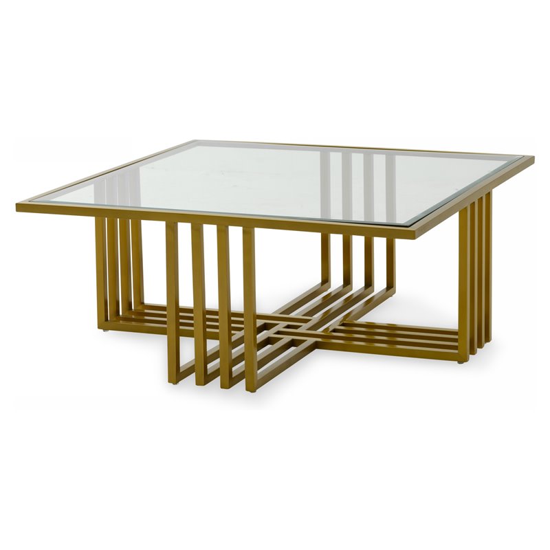 Pemberly Row Square Glass & Stainless Steel Coffee Table in Gold/Clear