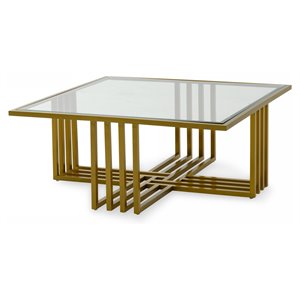 Pemberly Row Square Glass & Stainless Steel Coffee Table in Gold/Clear