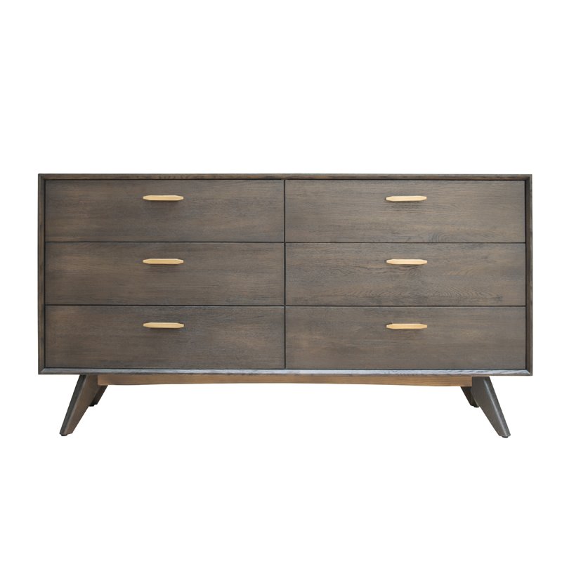 Pemberly Row 6-Drawer Modern Wood Veneer & Brass Dresser in Dark Oak