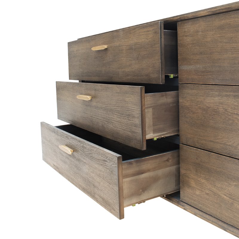 Pemberly Row 6-Drawer Modern Wood Veneer & Brass Dresser in Dark Oak