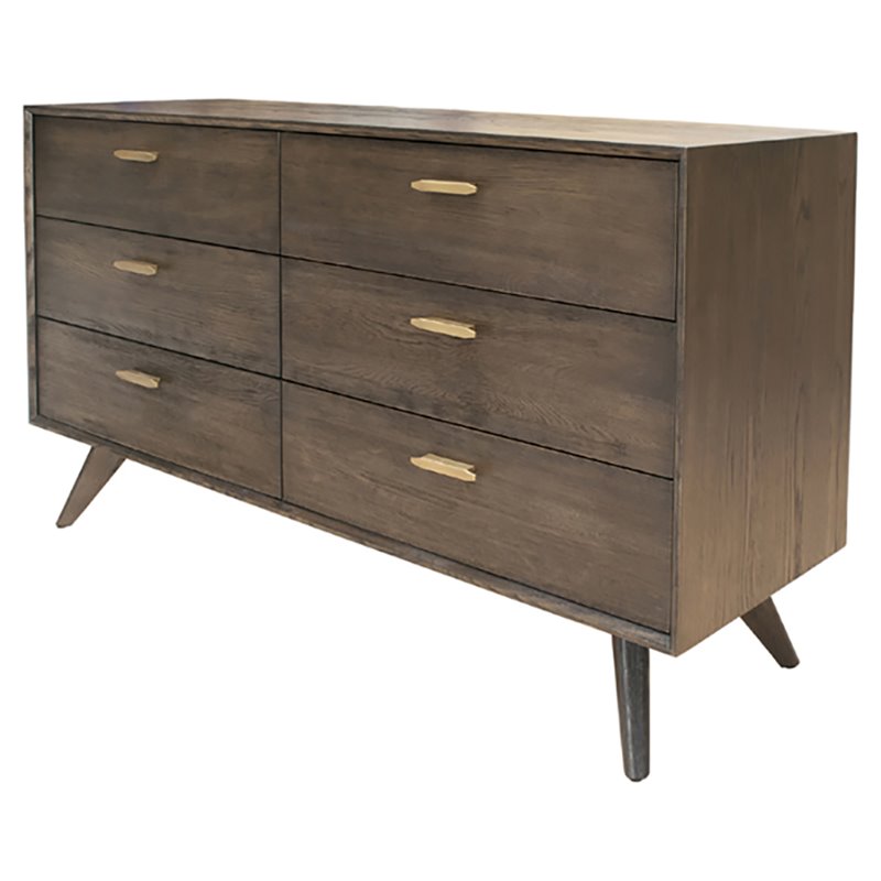 Pemberly Row 6-Drawer Modern Wood Veneer & Brass Dresser in Dark Oak