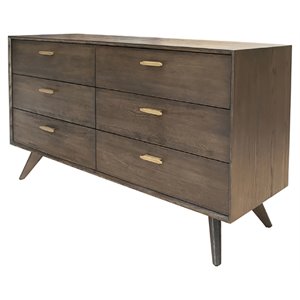 Pemberly Row 6-Drawer Modern Wood Veneer & Brass Dresser in Dark Oak