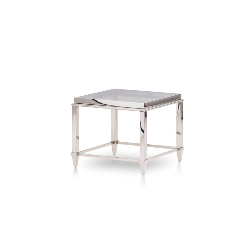 Pemberly Row Square Tempered Glass & Stainless Steel End Table in Silver