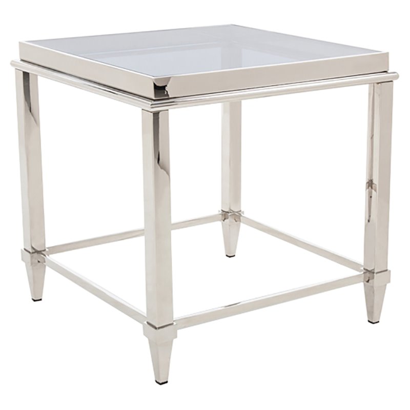 Pemberly Row Square Tempered Glass & Stainless Steel End Table in Silver