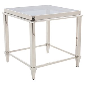Pemberly Row Square Tempered Glass & Stainless Steel End Table in Silver