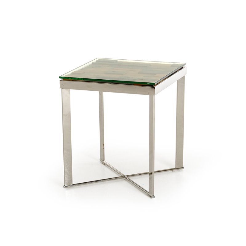 Pemberly Row Rectangular Glass & Steel Mosaic End Table in Silver/Clear