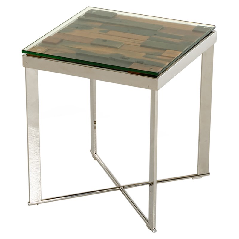 Pemberly Row Rectangular Glass & Steel Mosaic End Table in Silver/Clear