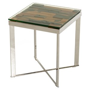Pemberly Row Rectangular Glass & Steel Mosaic End Table in Silver/Clear