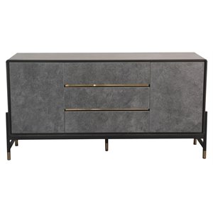 Pemberly Row Contemporary Velvet & Wood Veneer Buffet in Charcoal & Gold