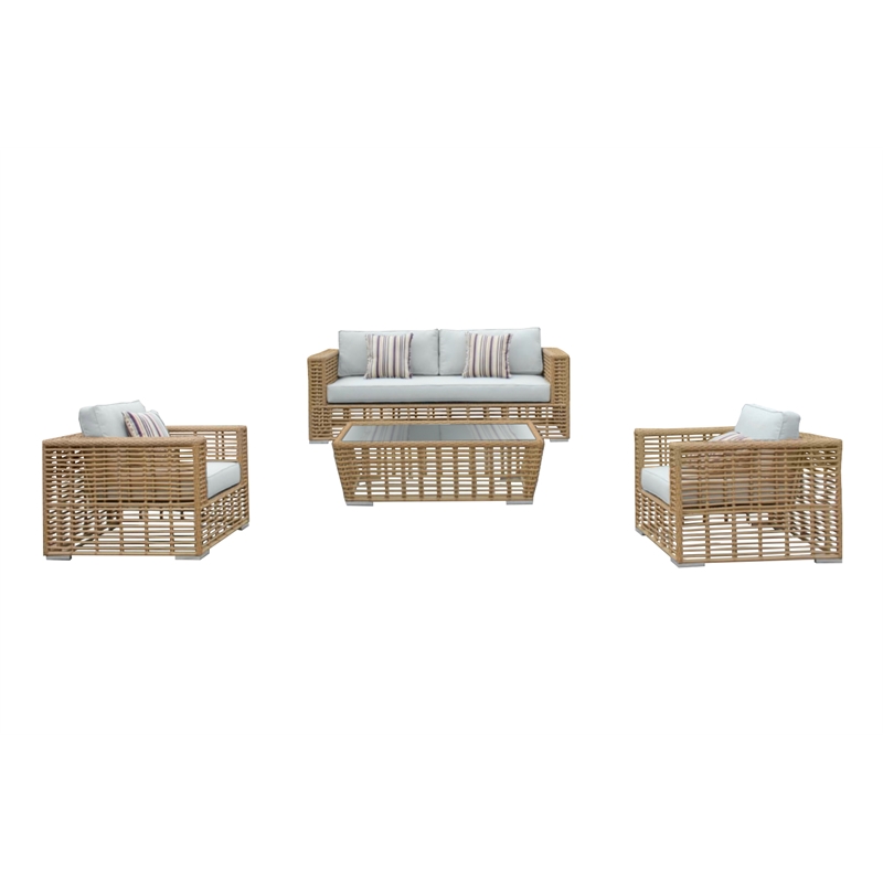 Pemberly Row Wicker & Rattan Outdoor Patio Sofa Set in Off White Fabric