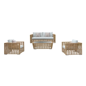 Pemberly Row Wicker & Rattan Outdoor Patio Sofa Set in Off White Fabric