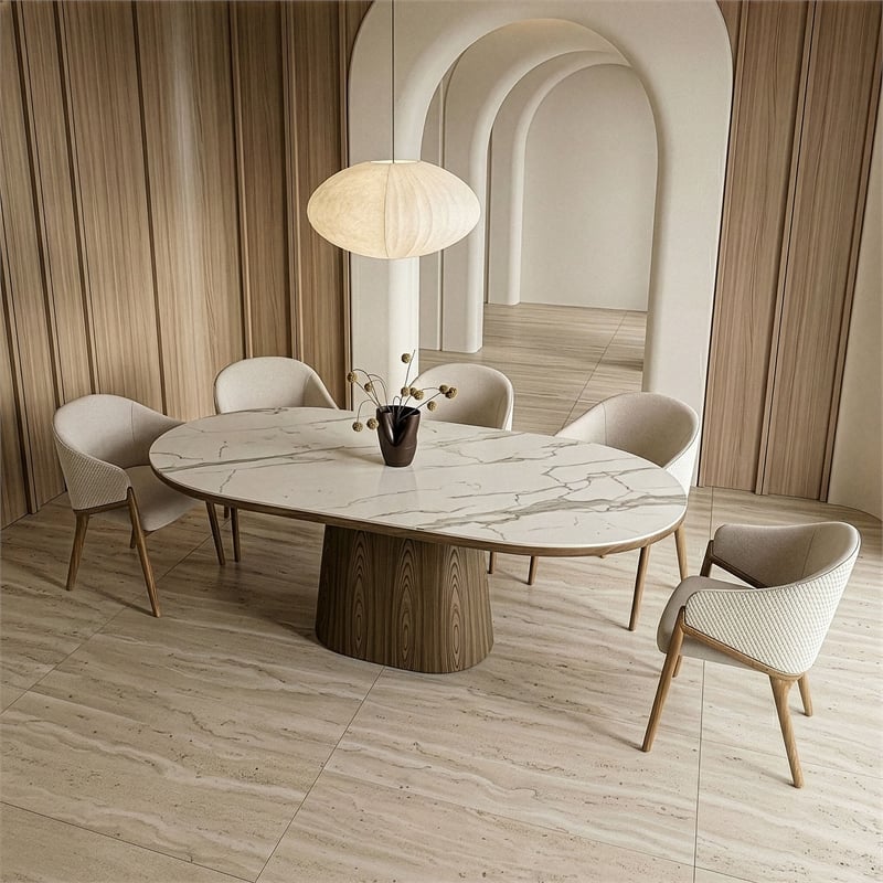 Pemberly Row Fabric & Vegan Leather Dining Arm Chair in Walnut & Cream