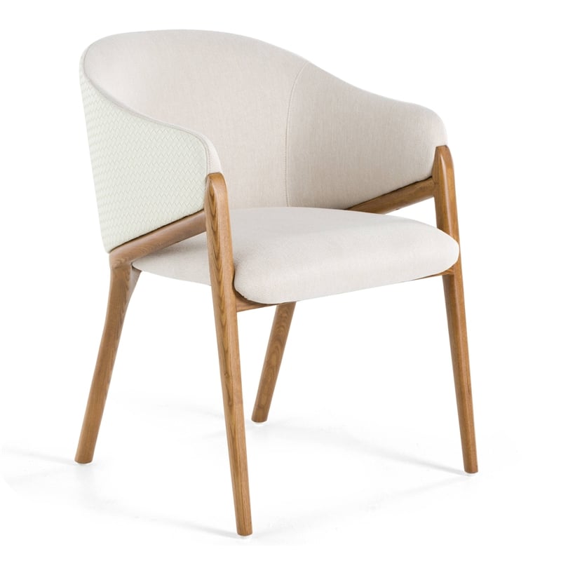 Pemberly Row Fabric & Vegan Leather Dining Arm Chair in Walnut & Cream