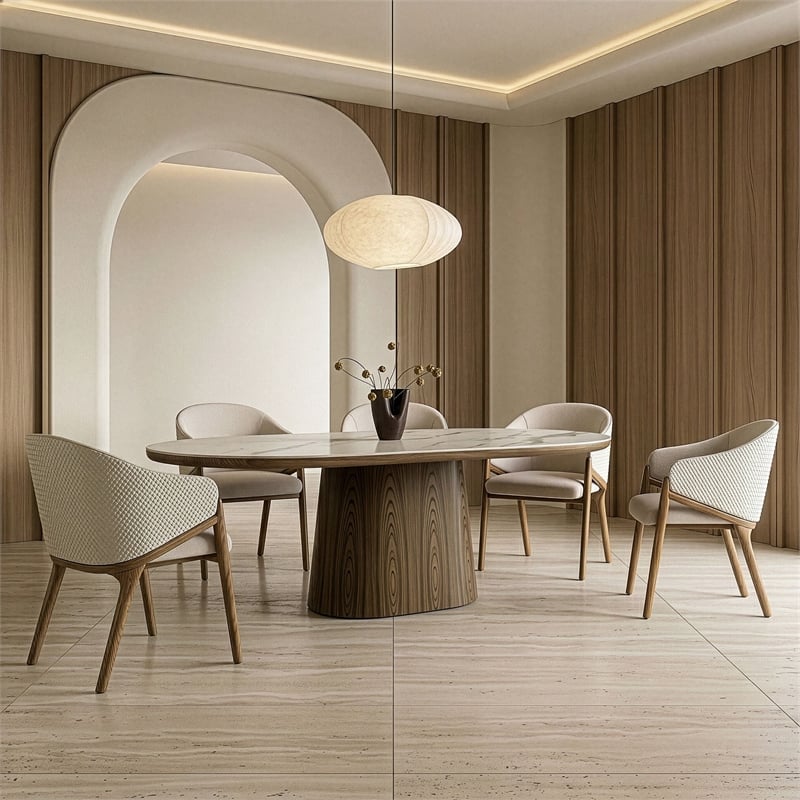 Pemberly Row Fabric & Vegan Leather Dining Arm Chair in Walnut & Cream