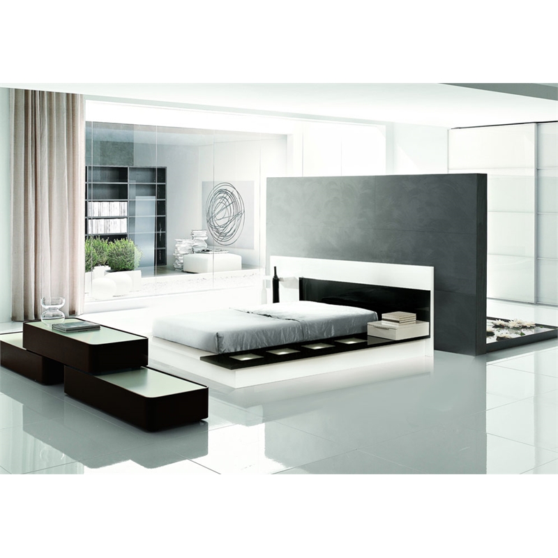 Pemberly Row Modern Eastern King LED Platform Bed in White High Gloss