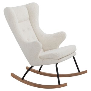 Pemberly Row Modern Sherpa Fabric & Wood Rocking Chair in White & Walnut