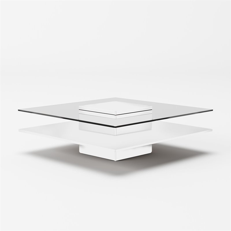 Pemberly Row Multitiered Modern Tempered Glass Coffee Table in White/Clear