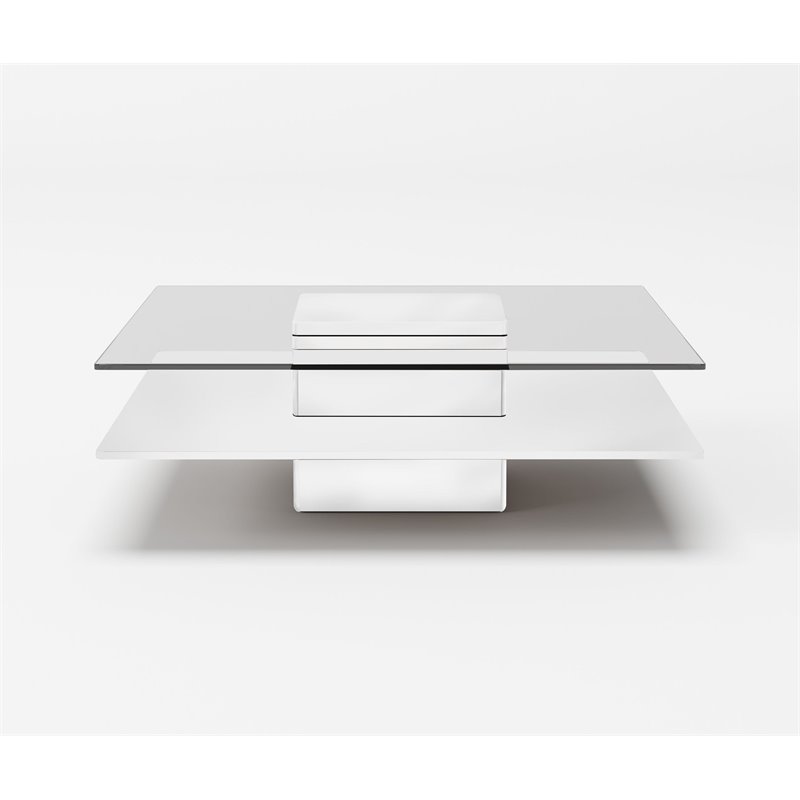 Pemberly Row Multitiered Modern Tempered Glass Coffee Table in White/Clear