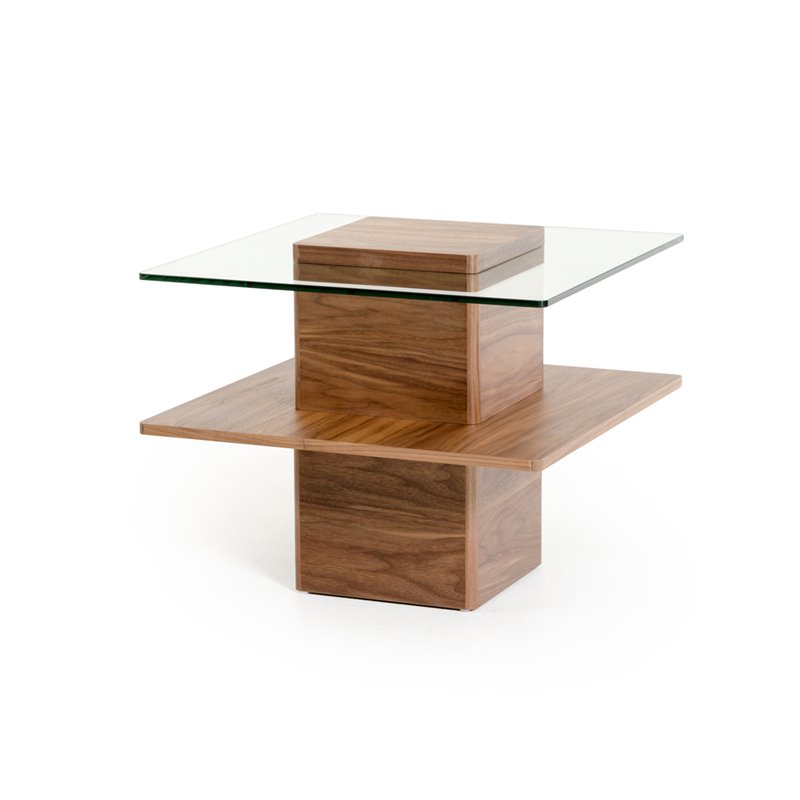 Pemberly Row Mid-Century Tempered Glass & Veneer End Table in Walnut