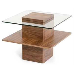 Pemberly Row Mid-Century Tempered Glass & Veneer End Table in Walnut