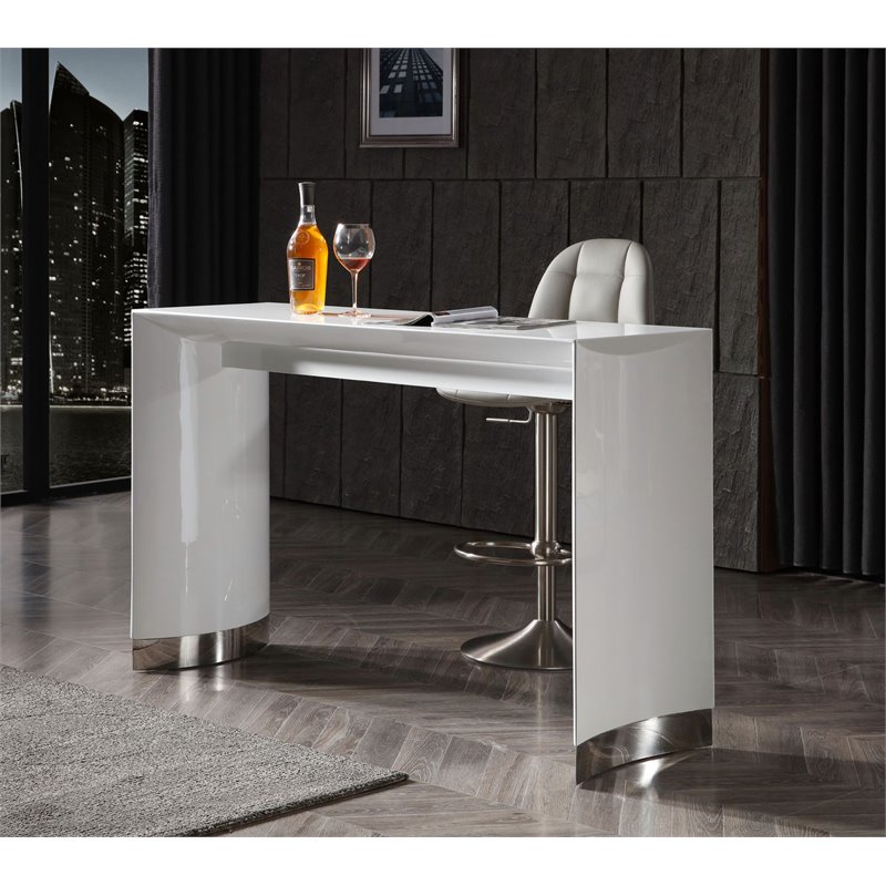 Pemberly Row Contemporary Stainless Steel Bar Table in White Lacquer