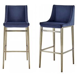 Pemberly Row 30.7&quot Velvet & Metal Bar Stool in Dark Blue (Set of 2)