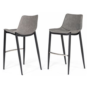Pemberly Row 30&quot Faux Leather & Metal Bar Stool in Washed Gray (Set of 2)