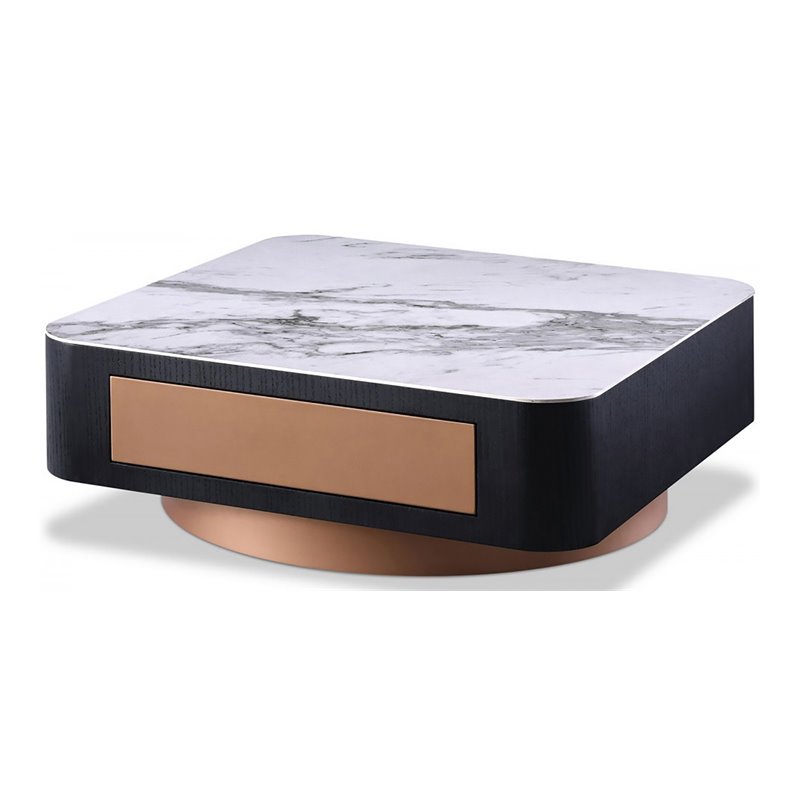 Pemberly Row Modern Ceramic & Metal Coffee Table in Black Oak/Rose Gold