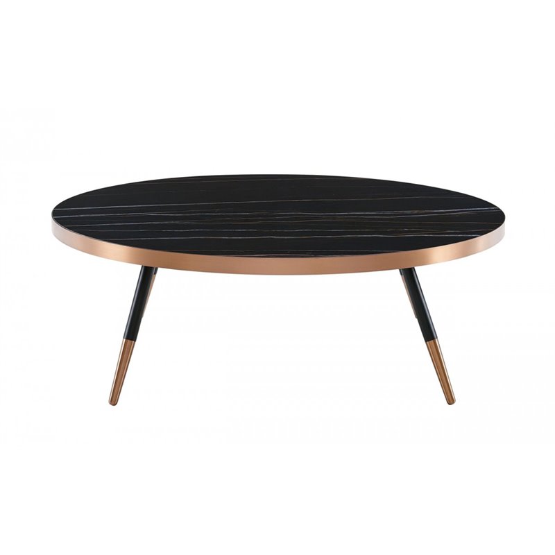 Pemberly Row Round Modern Ceramic & Metal Coffee Table in Black/Rose Gold