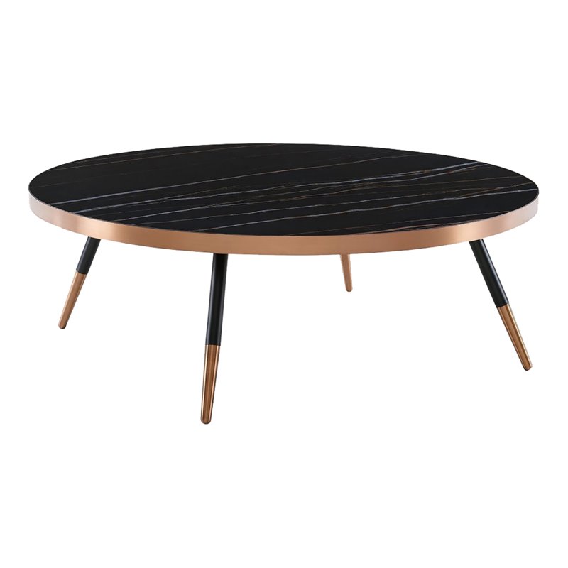 Pemberly Row Round Modern Ceramic & Metal Coffee Table in Black/Rose Gold