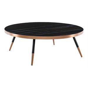 Pemberly Row Round Modern Ceramic & Metal Coffee Table in Black/Rose Gold